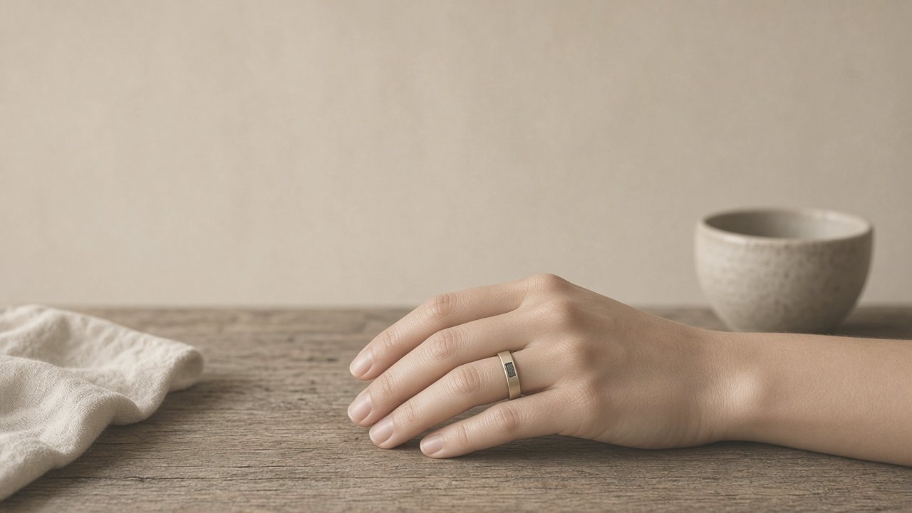 A slim voice-capture ring worn on a hand at a sunlit indoor table